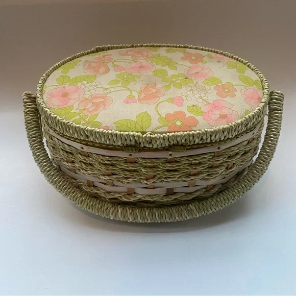 Vintage Dritz Scovill floral sewing oval basket container green pink tan - Picture 12 of 13